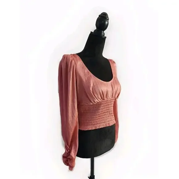 Free People Santiago blouse in Pink Cinnamon long sleeve satin top Size Medium - Picture 4 of 10